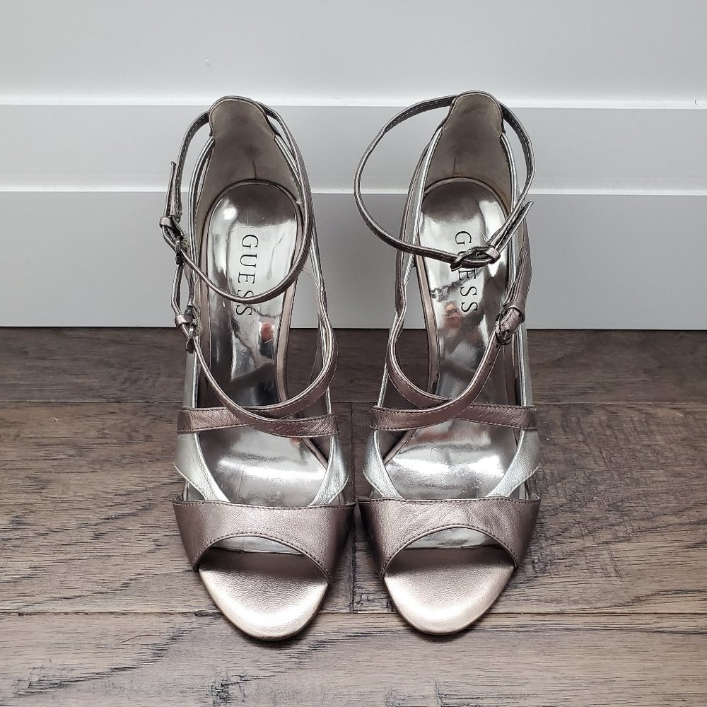 Guess Iridescent Metallic Open Toe High Heels Silver and Copper Colour